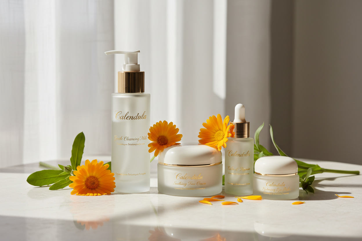 Coffret soin visage peau mixte sensible et réactive au calendula – nettoyant, sérum et crèm. Medessencecosmétique