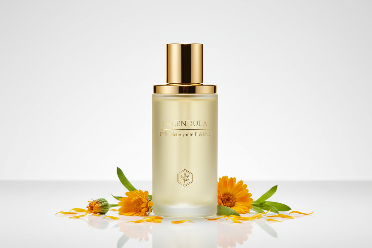 huile démaquillante au calendula pour peau sensible réactive sujette aux rougeurs et a l'inconfort 100% français sans parfum ni huile essentielle 95% d'origine naturelle femme enceinte allaitante