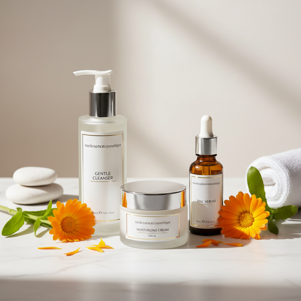 Coffret visage peau grasse sensible et réactive au calendula – nettoyant, sérum zinc et crème. Medessencecosmétique marque français
