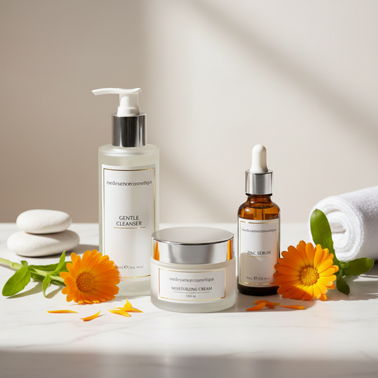 Coffret visage peau grasse sensible et réactive au calendula – nettoyant, sérum zinc et crème. Medessencecosmétique marque français

