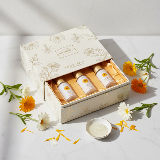 Un Coffret visage pour peau sèche sensible au calendula – savon, sérum et crème apaisante medessencecosmétique français vegan sans parfum