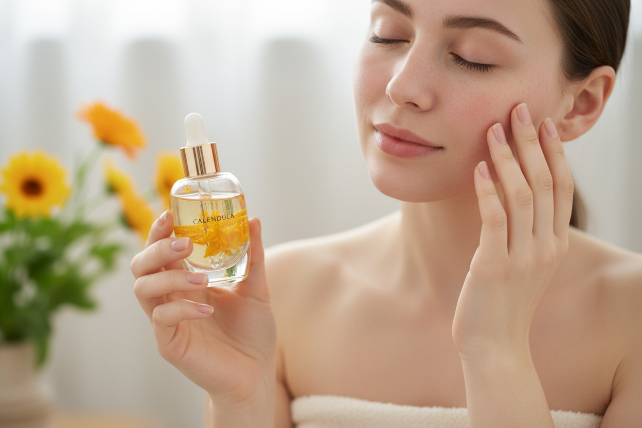 Appliquez un sérum au calendula pour calmer les rougeurs, hydrater la peau et renforcer la barrière cutanée.